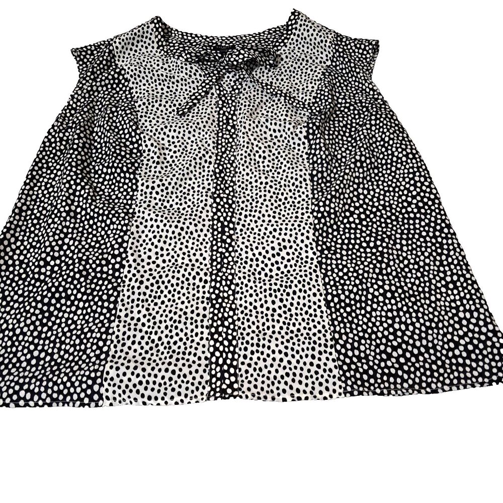 Talbots Women Black White Polka Dot Blouse Tie Neck Sleeveless Colorblock Top 1X